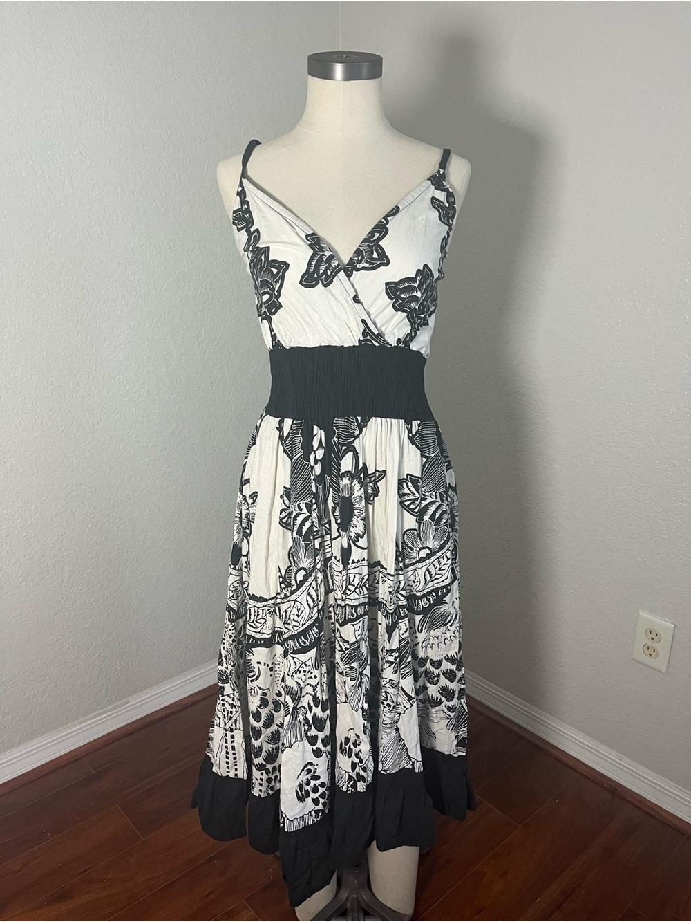 Black & White Floral Maxi Dress with Smocked Waist